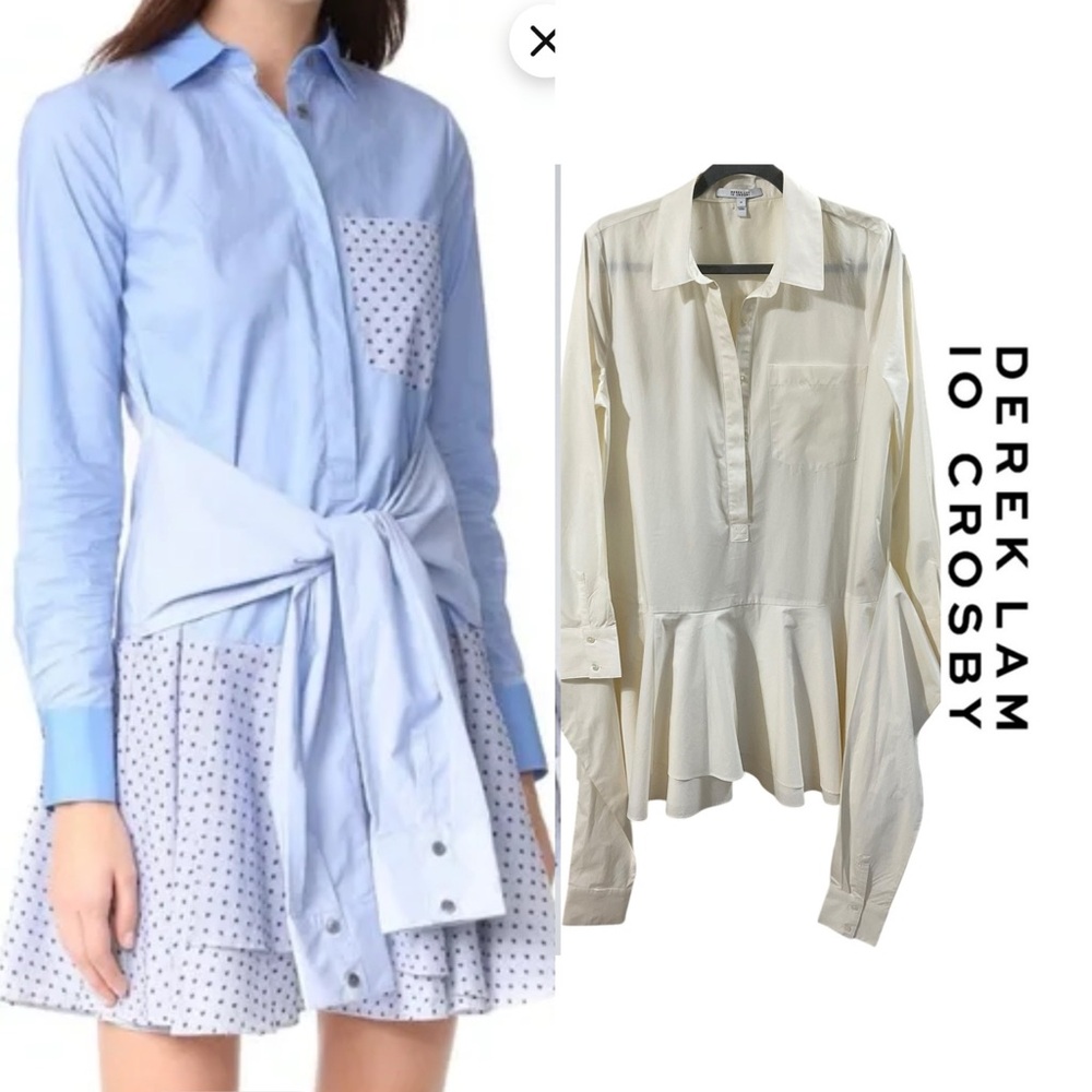Derek Lam 10 Crosby White Tie-Front Shirt Dress | Peplum Hem ,Chic Minimalist LG